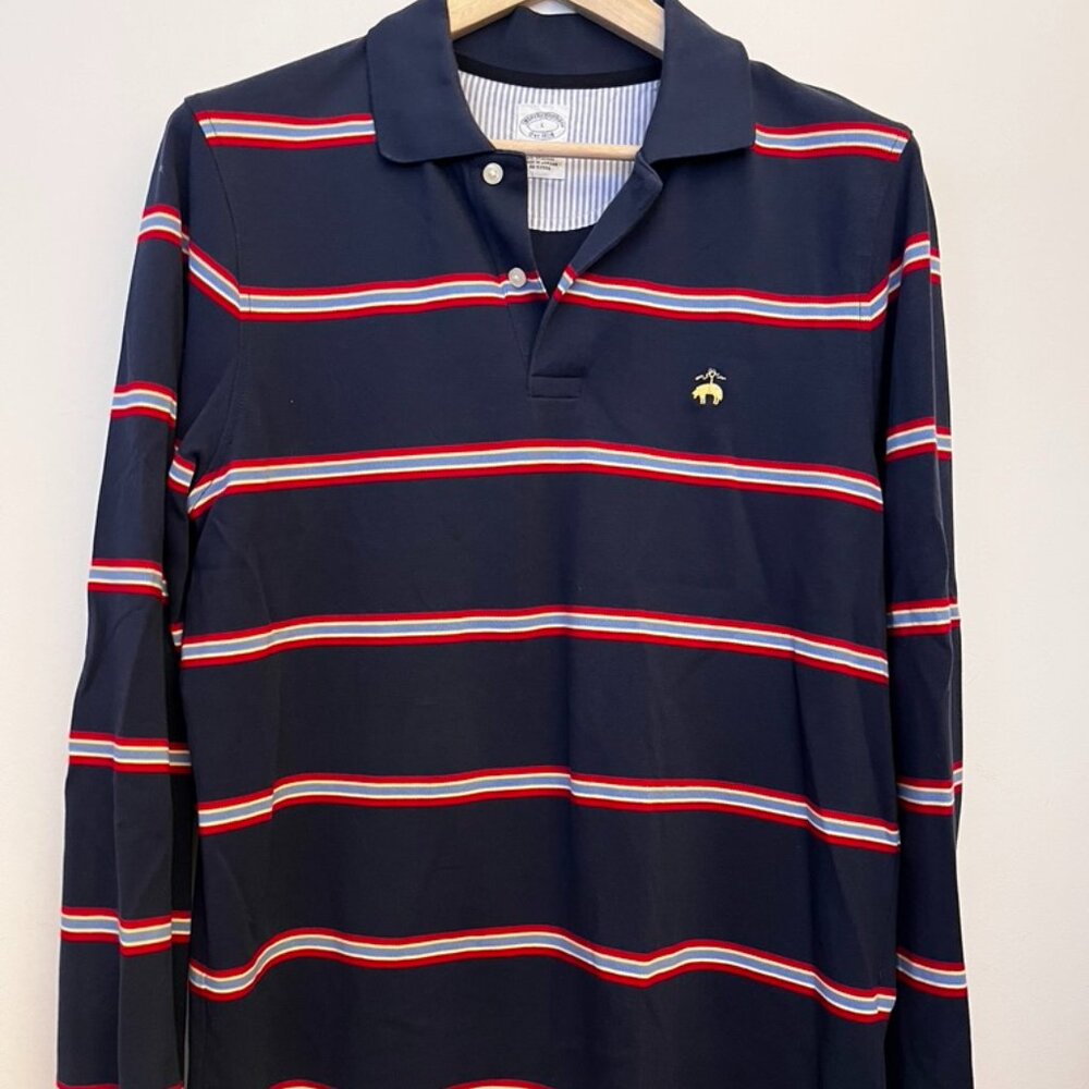 Brooks Brothers Multi Striped Long Sleeve Cotton Polo  Navy Red Sz Large